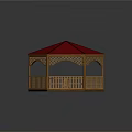 Wooden Gazebo With Red Roof And Hexagonal Design Railing And Platform