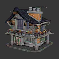 Cartoon Style House With Blue Roof Orange Walls Chimney And Balcony Potted Plants