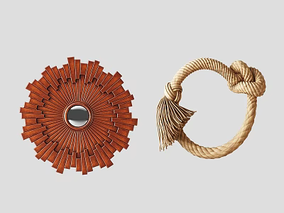 Stylish Wall Decor Featuring Red Radial Wooden Mirror And Circular Rope Knot Tassel Design 3d model