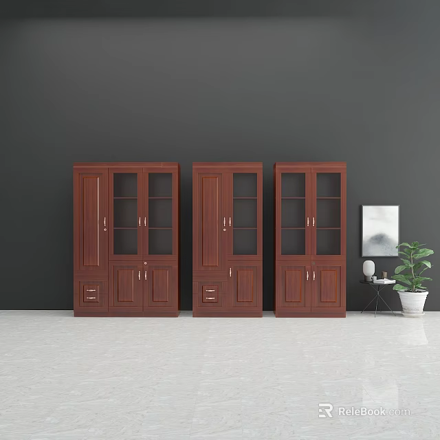 Three Dark Brown Wooden Bookcases With Glass And Wooden Doors Against Dark Gray Wall 3d model 