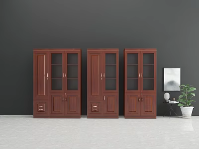 Three Dark Brown Wooden Bookcases With Glass And Wooden Doors Against Dark Gray Wall 3d model