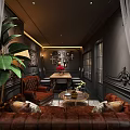 Vintage Café Interior With Dark Walls Leather Sofas Green Plants And Decorative Painting