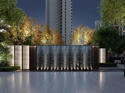 Modern Water Feature Wall with Cascading Water Nighttime Lighting Urban Trees and High-Rise Background 3d model