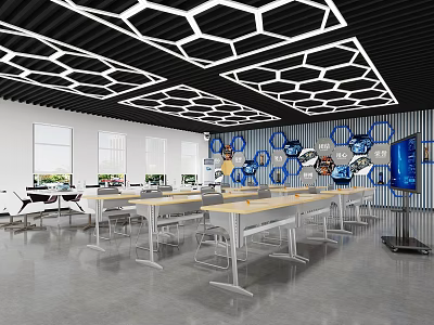 Modern School Learning Space With Geometric Ceiling Long Tables And Interactive Screens 3d model