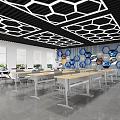 Modern School Learning Space With Geometric Ceiling Long Tables And Interactive Screens 3d model