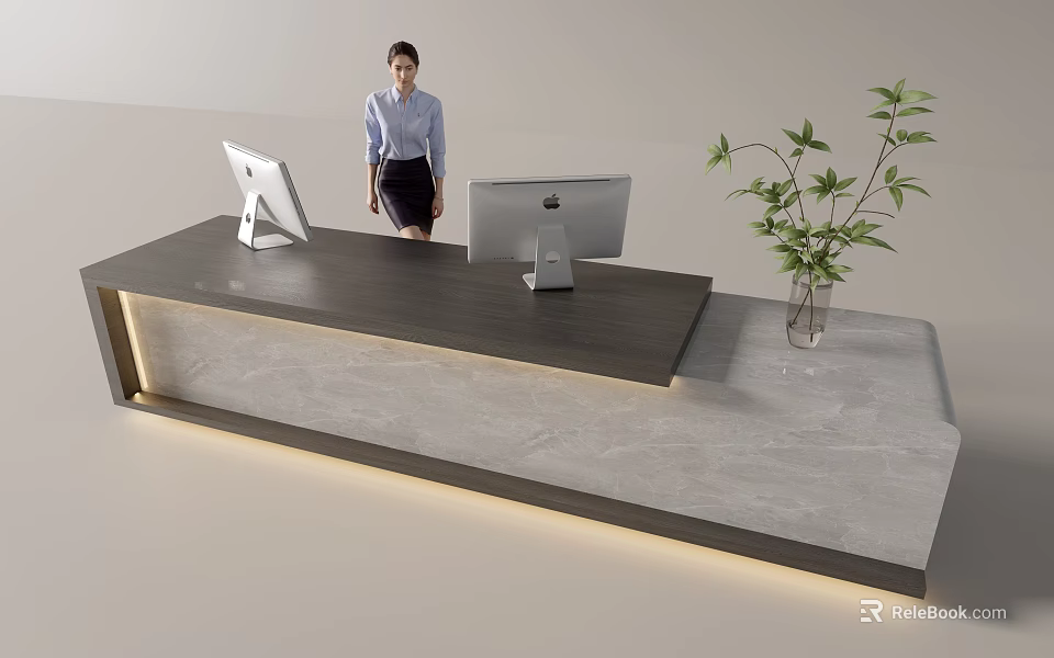 Modern Office Reception Desk With Mac Computers Female Receptionist And Green Plant 3d model 