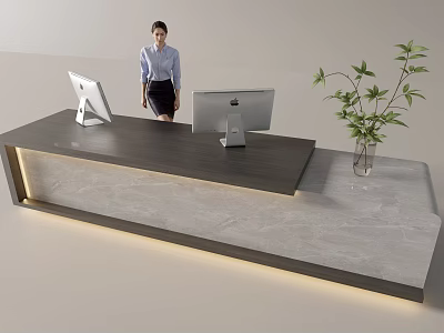 Modern Office Reception Desk With Mac Computers Female Receptionist And Green Plant 3d model