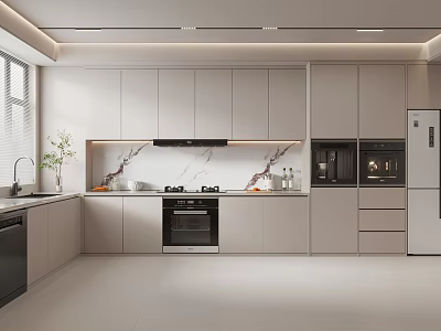 Modern Kitchen Interior With White Cabinets Marble Backsplash And Stainless Steel Appliances 3d model