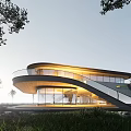 Modern Sales Office Building with Curved Glass Facade Surrounded by Grass Trees and Illuminated Interior