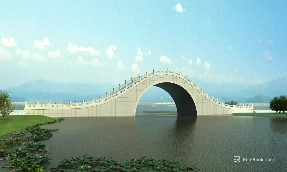 Elegant White Arch Bridge With Railings Spanning Calm Water And Distant Mountains 3d model 