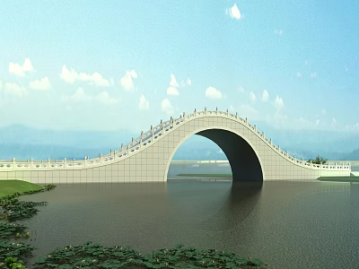 Elegant White Arch Bridge With Railings Spanning Calm Water And Distant Mountains 3d model