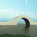 Elegant White Arch Bridge With Railings Spanning Calm Water And Distant Mountains