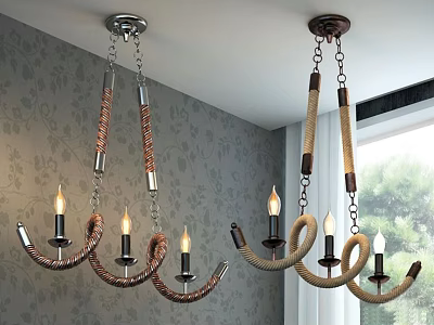 Elegant Rope and Metal Chandeliers With Candle Shaped Bulbs Grey Patterned Wallpaper And Window 3d model