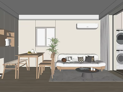 Modern Living Dining Room Interior With Sofa Coffee Table Dining Table Chairs Plant And Window 3d model
