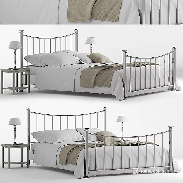 Modern Double Bed with Metal Frame Pillows Blanket and Nightstand Table Lamp 3d model 