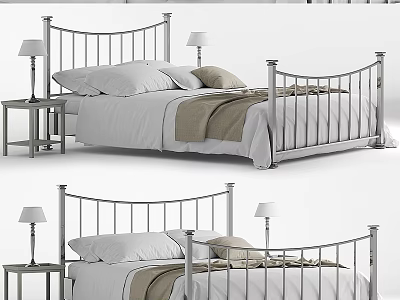 Modern Double Bed with Metal Frame Pillows Blanket and Nightstand Table Lamp 3d model