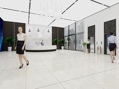 Modern Front Desk Reception Lobby with Chandelier Green Plants and Elevators 3d model