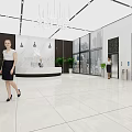 Modern Front Desk Reception Lobby with Chandelier Green Plants and Elevators