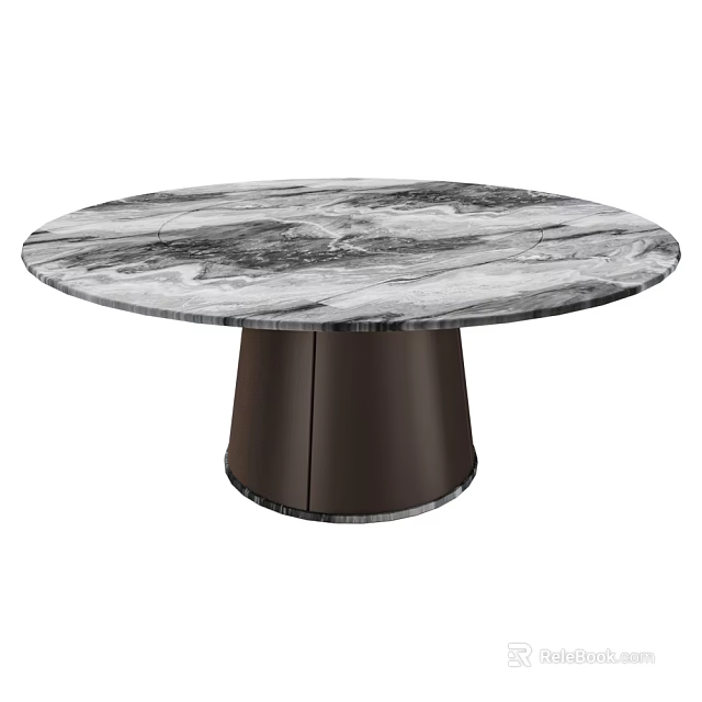Elegant Round Dining Table Featuring Marble Tabletop With Black White Veins And Dark Brown Base 3d model