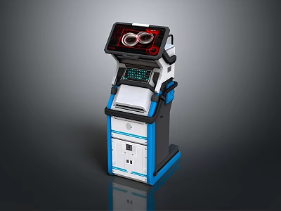 Modern Self Service Kiosk With Display Screen Red Circular Patterns White Blue Design And Storage 3d model