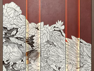 Sofa Background Wall With Artistic Floral Decor And Brown Panels 3d model