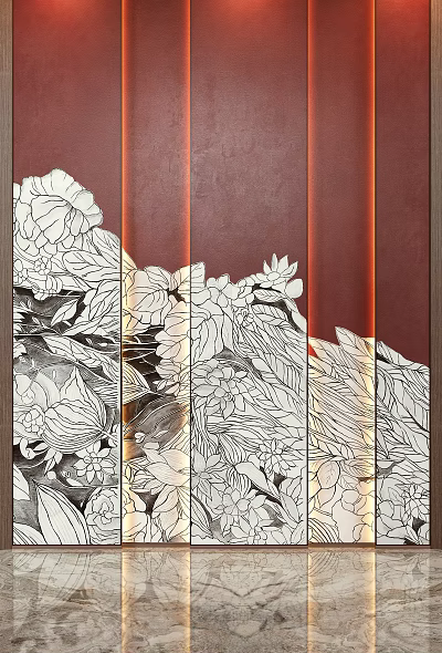 Sofa Background Wall With Artistic Floral Decor And Brown Panels 3d model