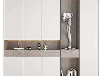 Modern Decorative Cabinet Design With White Wooden Shelves And Decorative Items 3d model