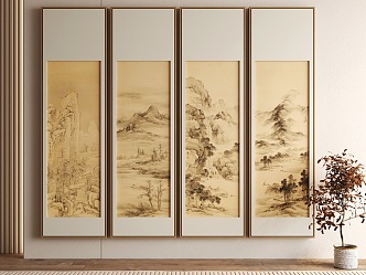 New Chinese Landscape Decorative Painting Hanging Painting Quadruple Screen 3d model