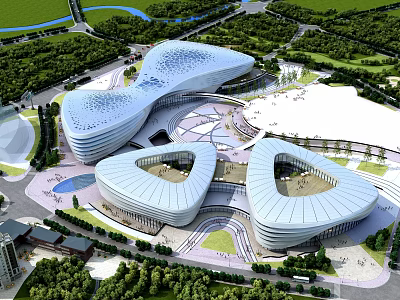 Modern Office Building Complex With Unique Curved Roof Design And Green Surroundings 3d model