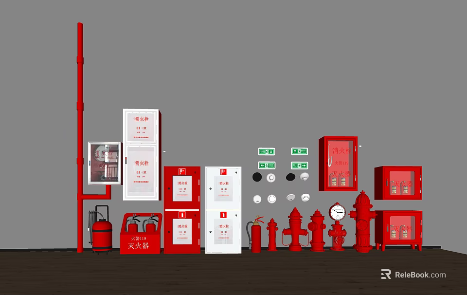 Essential Fire Safety Equipment Including Extinguishers Hydrants Control Panels And Alarm Buttons 3d model 