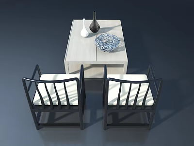 Hinged Door White Table With Black White Vases Blue Woven Basket Black Chairs White Cushions 3d model