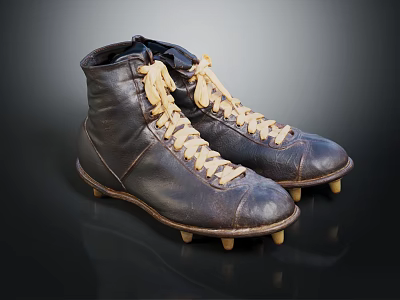 Vintage Leather Football Boots with Classic Design Yellow Laces and Studded Soles 3d model