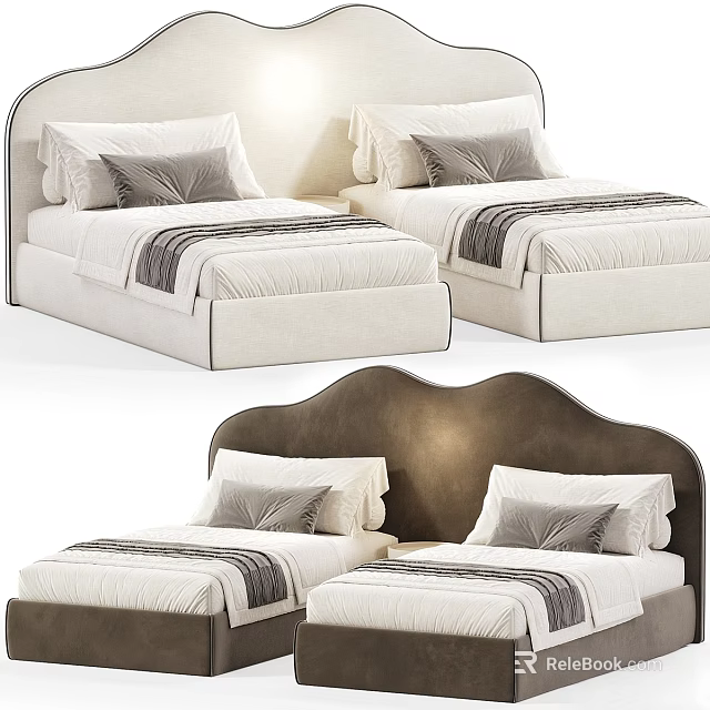 Two Modern Children's Beds With Soft Headboards Mattresses And Striped Sheets 3d model 