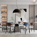 Modern Restaurant Interior With Round Dining Table Brown Blue Chairs Black Pendant Light And Bookshelf