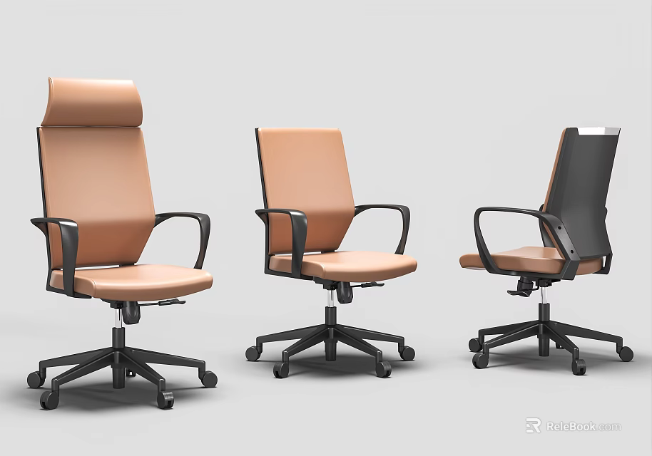 Modern Office Chairs in Brown and Black with Armrests and Wheels 3d model 