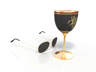 Minimalist Style Sunglasses Wine Glass Sunglasses Golden Sunglasses Black Wine Glass Golden Pattern Wine Glass Container Realistic Cartoon 3d model