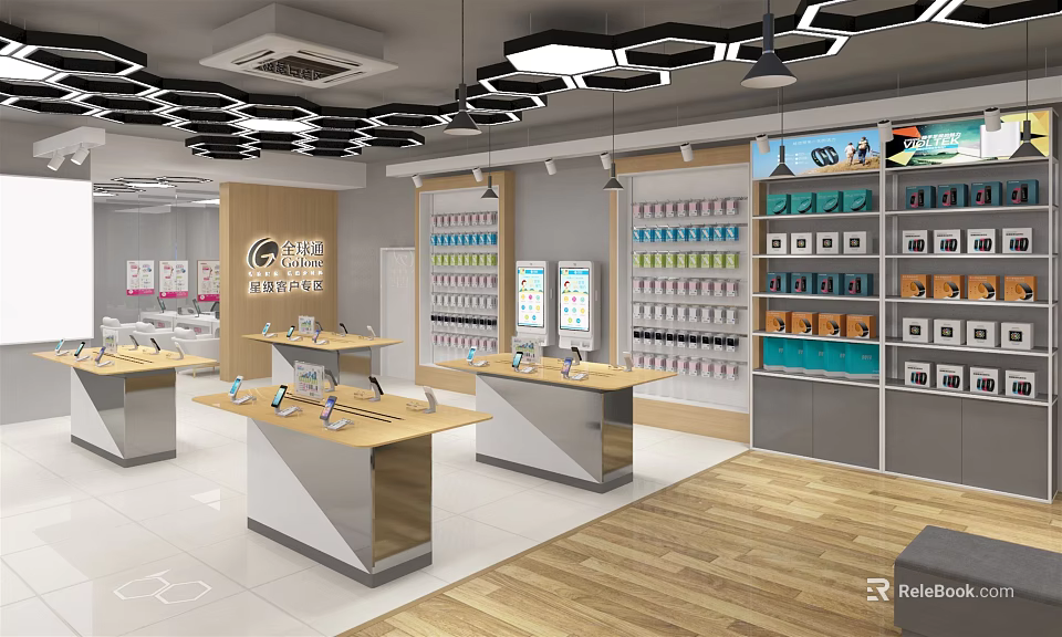 Modern Digital Store Interior with Display Counters Shelves and Electronic Products 3d model