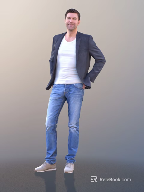 A Man Wearing Dark Blazer White T shirt And Blue Jeans Standing With Hands In Pockets 3d model 