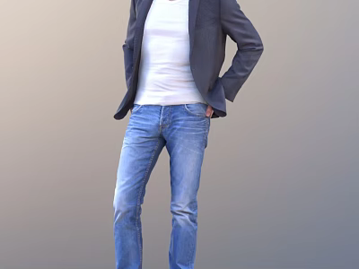 A Man Wearing Dark Blazer White T shirt And Blue Jeans Standing With Hands In Pockets 3d model