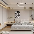 Elegant Modern Bedroom Interior With Large Bed Abstract Wall Art And Circular Chandelier