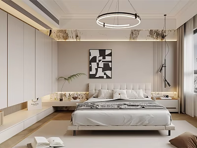 Elegant Modern Bedroom Interior With Large Bed Abstract Wall Art And Circular Chandelier 3d model