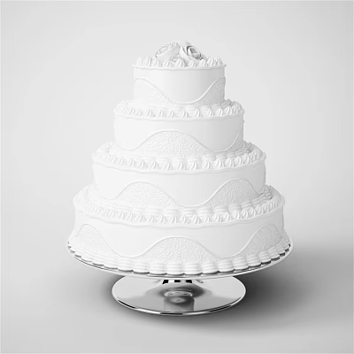 White Wedding Cake With Multiple Layers Decorative Patterns On Silver Stand 3d model