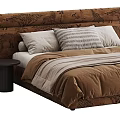 Modern Wabi Sabi Fabric Upholstered Double Bed With Cozy Bedding And Minimalist Round Side Nightstands