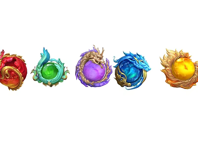 Colorful Dragon Themed Orb Weapons Featuring Red Green Purple Blue Yellow Designs 3d model