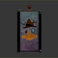 Metallic Tin Suitcase with Red Handle Featuring Cartoon Blue Duck Cowboy Hat and Animal Designs