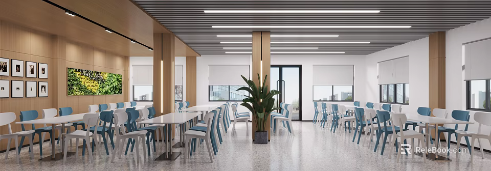 Modern Office Interior With Tables Chairs Plants And Large Windows 3d model