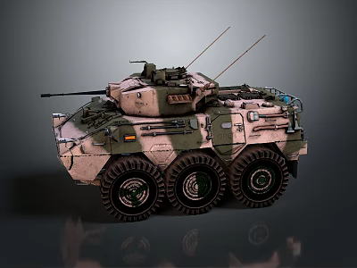 Six Wheeled Armored Vehicle With Camouflage Paint Top Antenna And Weapon System For Military Use 3d model