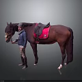 Man Leading Brown Horse With Red Saddle Wearing Blue Jacket And Brown Pants
