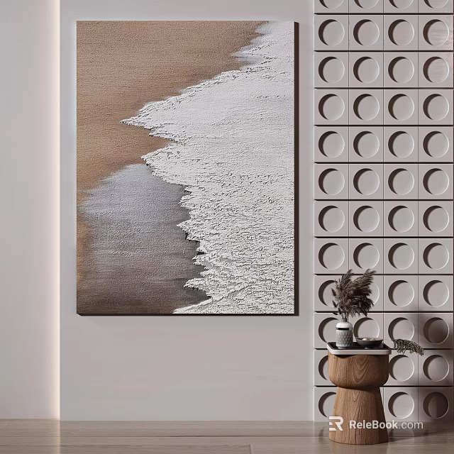 Modern Interior With Beach Wave Painting Circular Pattern Wall And Decorative Table 3d model