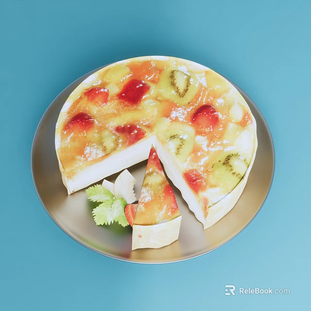 Fresh Fruit Cake Topped with Strawberries and Kiwi Sliced Garnished with Green Leaves 3d model 